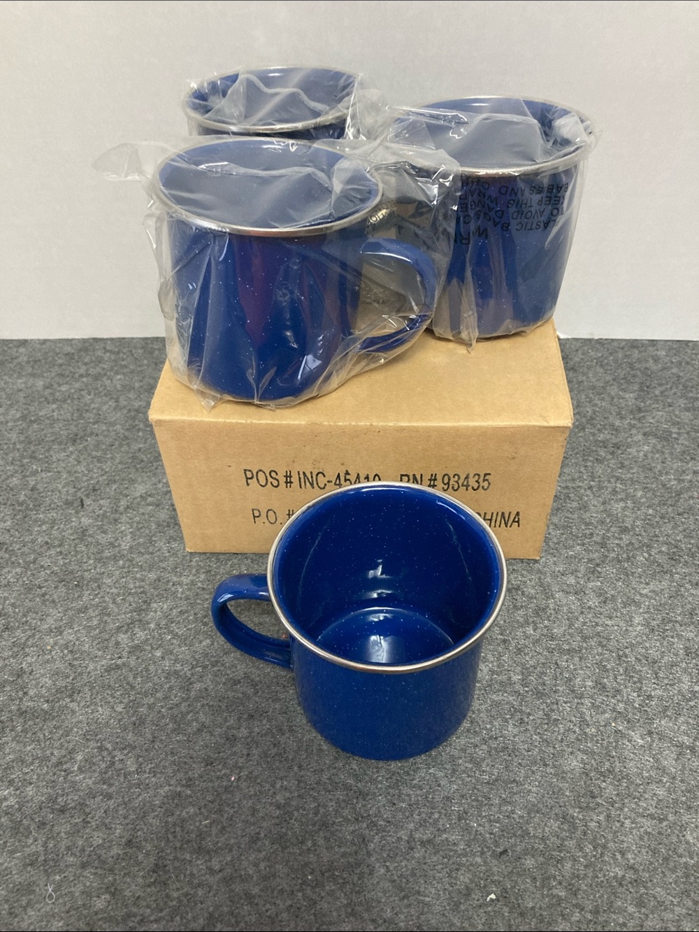 Enamelware blue speckle coffee/drink cups camping, RV country kitchen set of 4